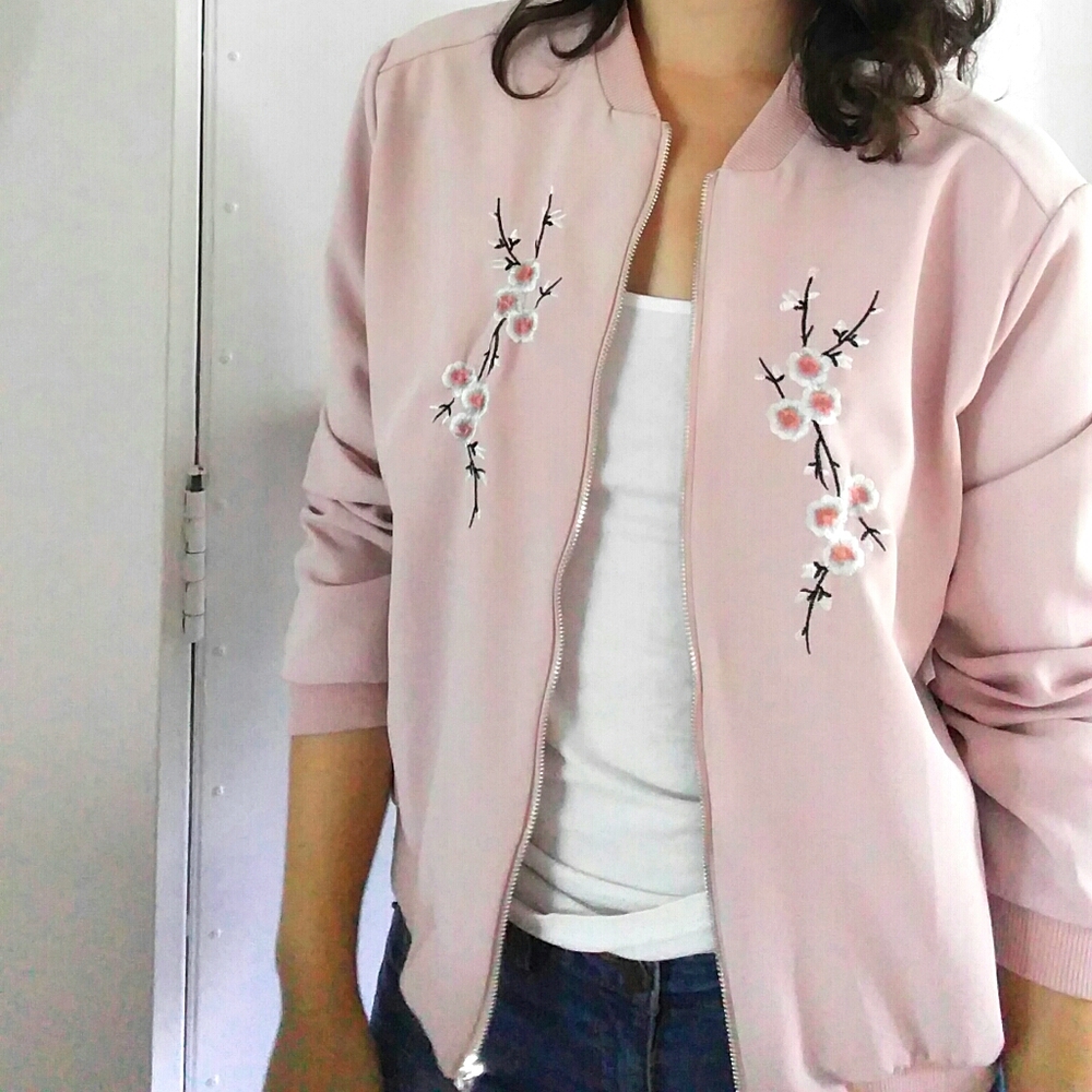 NWOT Pink Embroidered Cherry Blossom Bomber
